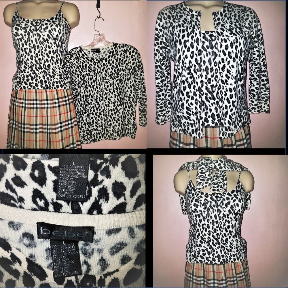 Bebe Cashmere Sweater Set Twinset~Cardigan + Cami~Black White Leopard~L fits S-M